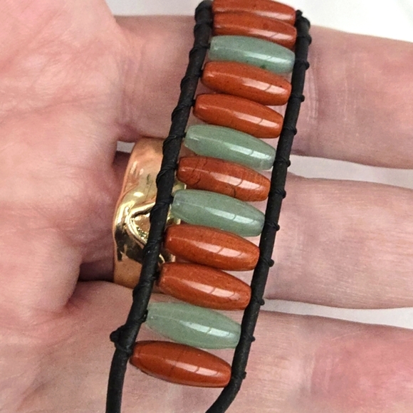 LAUREN RALPH LAUREN Boho/Tribal Bracelet of Leather, Orange and Green Stones 6.5 - Picture 3 of 7